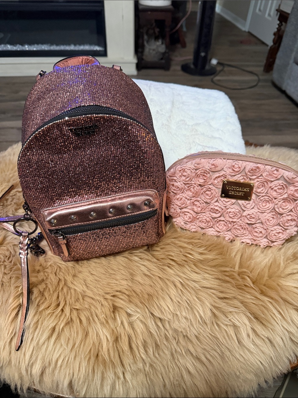 Victoria Secret Pink Studded Bling Mini Backpack & Pink Rosette Makeup Bag